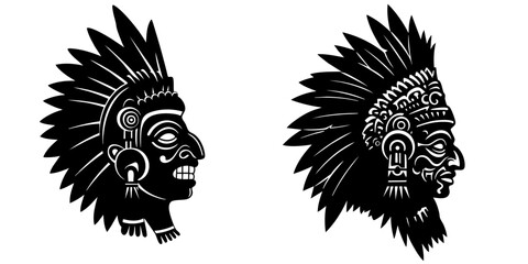 Two Silhouette Indian Chief Headdress Traditional Tribal Decorative Cultural Illustration