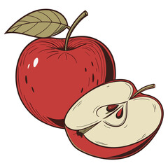 Obraz premium Red Apple Fruit Whole and Sliced Half with Green Leaf Vector Illustration