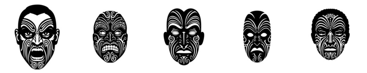 Black and White Tattoo Style Tribal Mask Icon Design Set Illustration