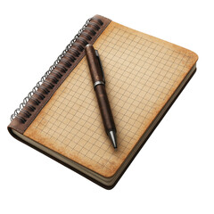 Spiral Notebook with Pen in Vintage Style with Warm Lighting on Grid Paper for Stationery isolated on transparent background