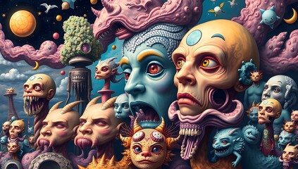 Surreal Pop Art Illustration with Doll Faces and Fantasy Creatures. Psychedelic Dream Collage