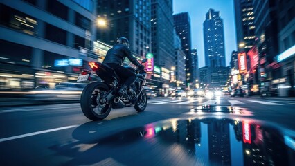 Dynamic Night Ride - Motorcycle Navigating a Vibrant City Street After Rain.