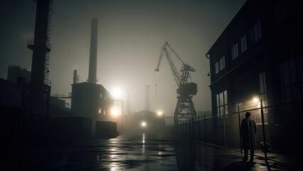 Eerie Industrial Port Scene at Night with Fog and Silhouetted Figures.
