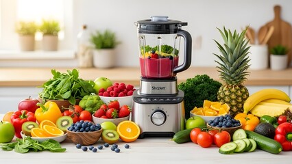 A vibrant assortment of fresh fruits and vegetables surrounds a blender making a healthy red smoothie on a bright kitchen counter.