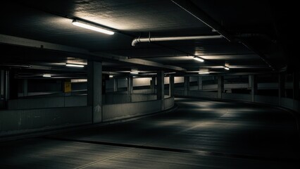 Empty and dimly lit underground parking garage with fluorescent lights creating a moody atmosphere.