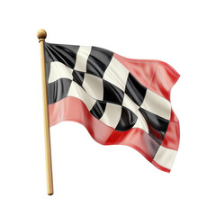 Checkered flag in racing colors with dynamic waving motion on wooden pole in studio lighting for sports event isolated on transparent background