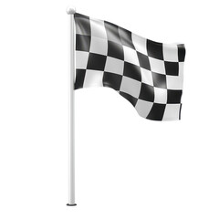 Checkered flag waving in dynamic motion with black and white colors in 3D rendering for racing theme isolated on transparent background