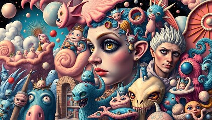 Surreal Pop Art Illustration with Doll Faces and Fantasy Creatures. Psychedelic Dream Collage