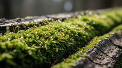 Close up view of vibrant green moss with sparkling water droplets on old tree bark