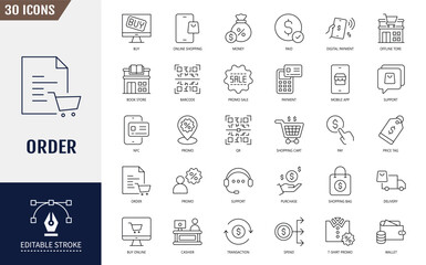 Order icon set. Purchase, order, invoice, buy, product, delivery and more. Editable stroke. Vector illustration