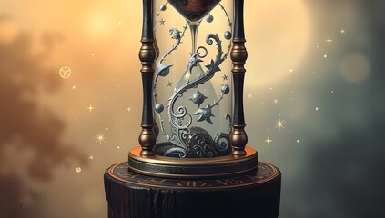 Magical Fantasy Hourglass with Floating Stars and Moons. Ancient Ornate Timepiece Concept