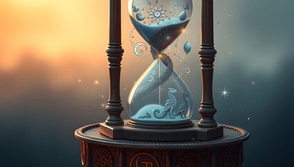 Magical Fantasy Hourglass with Floating Stars and Moons. Ancient Ornate Timepiece Concept