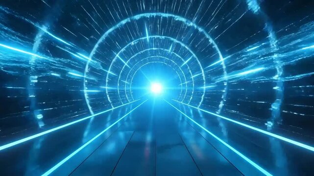 Futuristic tunnel with glowing neon lights, creating a sense of speed and technological advancement.
