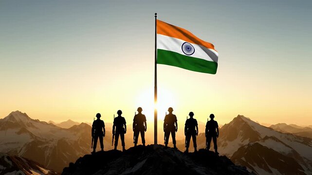 Celebrating Indian soldiers raising the flag on a mountain peak.