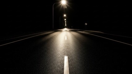 Empty Night Road Illuminated by Streetlights Stretching into Darkness.