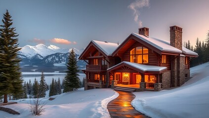 Luxury Wooden Ski Chalet with Snow Covered Roof at Sunset. Cozy Winter Mountain Cabin Landscape