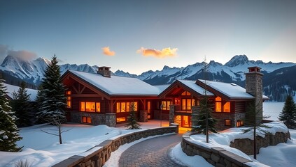 Luxury Wooden Ski Chalet with Snow Covered Roof at Sunset. Cozy Winter Mountain Cabin Landscape