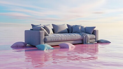 Floating Sofa on Pastel Pink Ocean with Sunset Clouds - Surreal Dreamscape, Relaxing Fantasy and Ethereal Tranquility Concept