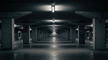 Empty underground parking garage with dim artificial lighting creating a mysterious atmosphere.