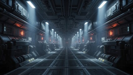 Futuristic Industrial Corridor with Glowing Lights and Metallic Structures.