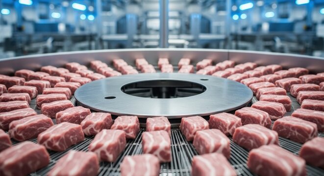 Raw meat cubes processed on an industrial conveyor belt in a modern food factory for mass production. - Powered by Adobe
