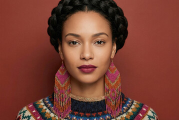 Stunning studio portrait of a beautiful woman with a crown braid hairstyle, wearing colorful ethnic beaded earrings and a patterned sweater.