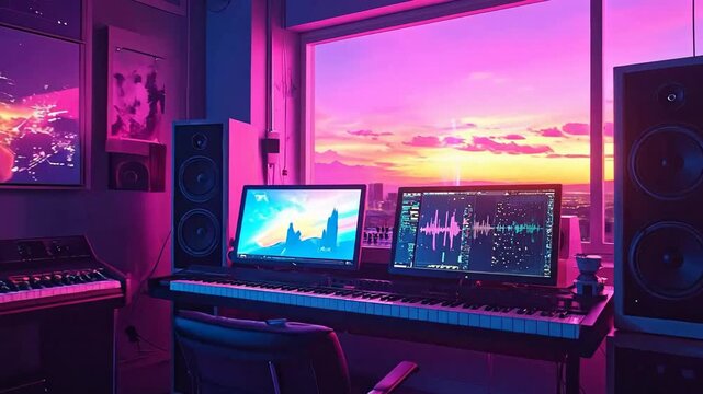 Modern music studio setup with synthesizer, computer, and speakers against a vibrant sunset.