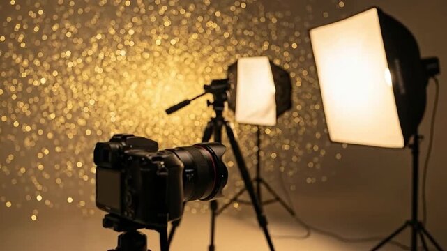Professional camera setup with softbox lighting and tripod against a shimmering gold background.