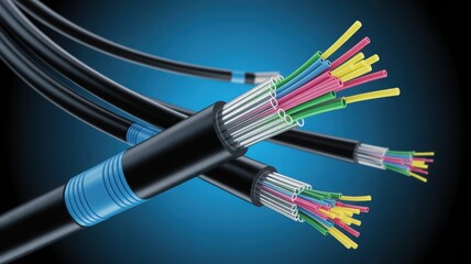 Fiber optic cables with exposed wires showing their colorful nature 
