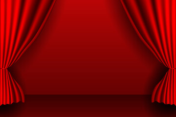 Fototapeta premium Red theater stage curtains opening to reveal a dramatic background for performance or presentation