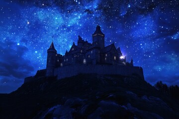 Obraz premium Magical castle under a starry night sky with shimmering stars and deep blue hues