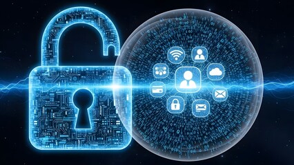 Digital security and data protection concept with a glowing padlock and network icons.