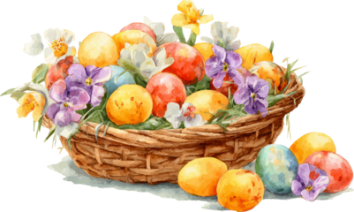Vibrant Easter Basket with Colorful Eggs and Spring Flowers in Soft, Detailed Watercolor
