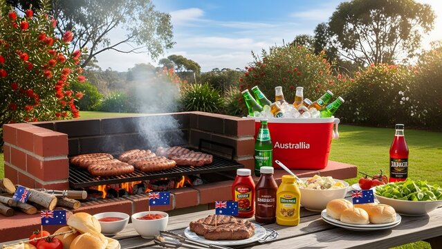 A classic Australian barbecue scene with steaks and sausages grilling on a brick BBQ, surrounded by iconic Australian flags and refreshments.