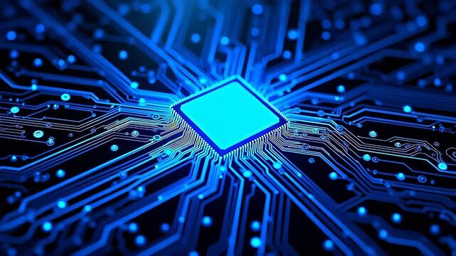 Blue glowing circuit board with central chip