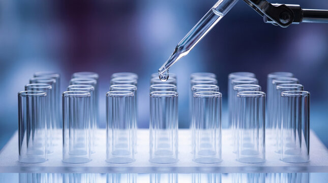 Laboratory test tubes with blue liquid, scientific research, biotechnology, chemistry and medical experiment concept. - Powered by Adobe