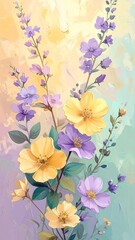 Floral Watercolor Painting with Yellow and Purple Flowers.
