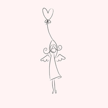 hand drawn angel line illustration holding heart shaped balloon, minimalist black outline doodle isolated on transparent background, suitable for valentine designs, greeting cards, prints, posters and