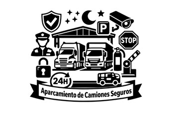 Black and white logo/emblem/advertising sign for secure truck parking (aparcamiento de camiones seguros/secure truck parking) with an emphasis on 24-hour security and service.