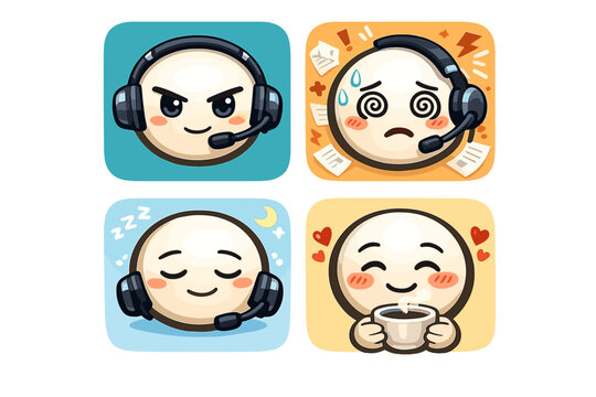 A set of four stylish, round emojis/avatars (for stickers, Discord, Twitch emotes, Telegram, or mobile chats) in a cute but expressive kawaii/chibi style with a main character.