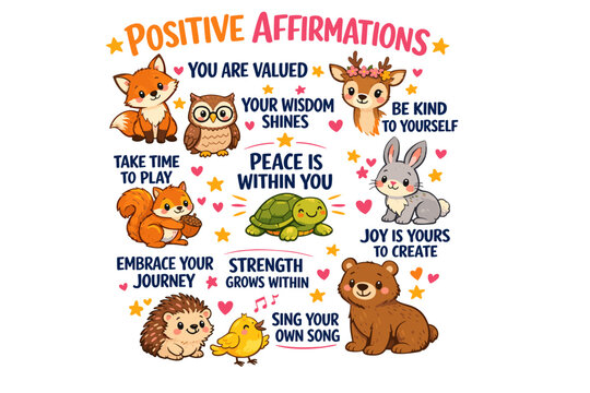 A cute, motivational poster/print with positive affirmations in kawaii/children's illustration style, featuring warm pastel colors and adorable animals.