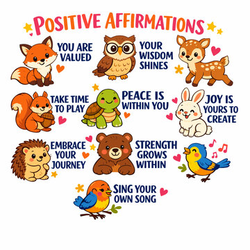 cute children's poster with affirmations in pastel colors and various cute animals