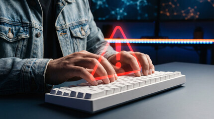 Hacker hands typing on keyboard with warning alert, cyber attack, data breach and online security threat concept.