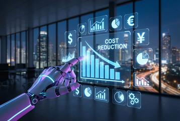 AI powered business analytics dashboard with robotic hand, financial growth, cost reduction and digital transformation concept.