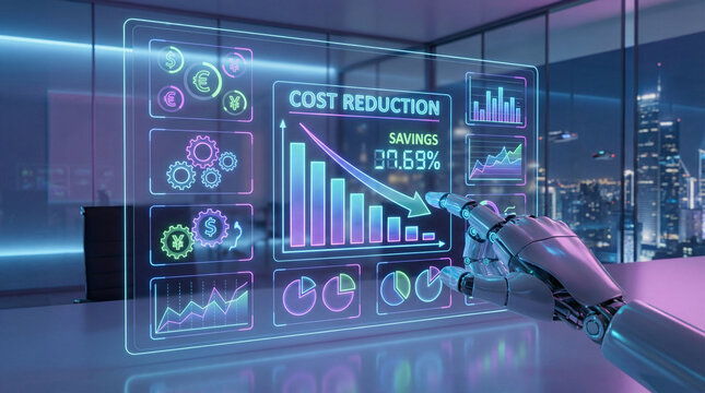 AI powered business analytics dashboard with robotic hand, financial growth, cost reduction and digital transformation concept.