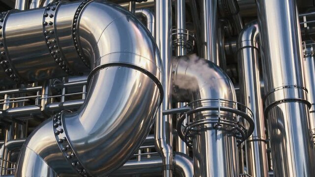 Massive network of industrial pipelines, complex metal frame, complex piping system. a huge endless network of pipes. modern production, transportation of technical liquids at a chemical plant.