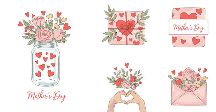 Mothers Day icons illustration set with flowers hearts envelopes hands and romantic greeting elements
