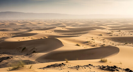 A serene desert landscape with rolling sand dunes under a hazy sky