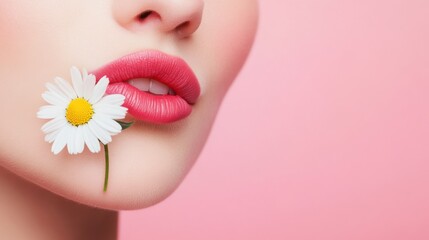 woman face with pink lips and daisy flower