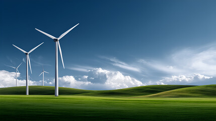 Fototapeta premium Wind turbines stand tall on green hills under a bright blue sky with fluffy clouds, showcasing renewable energy and sustainable technology in a serene landscape